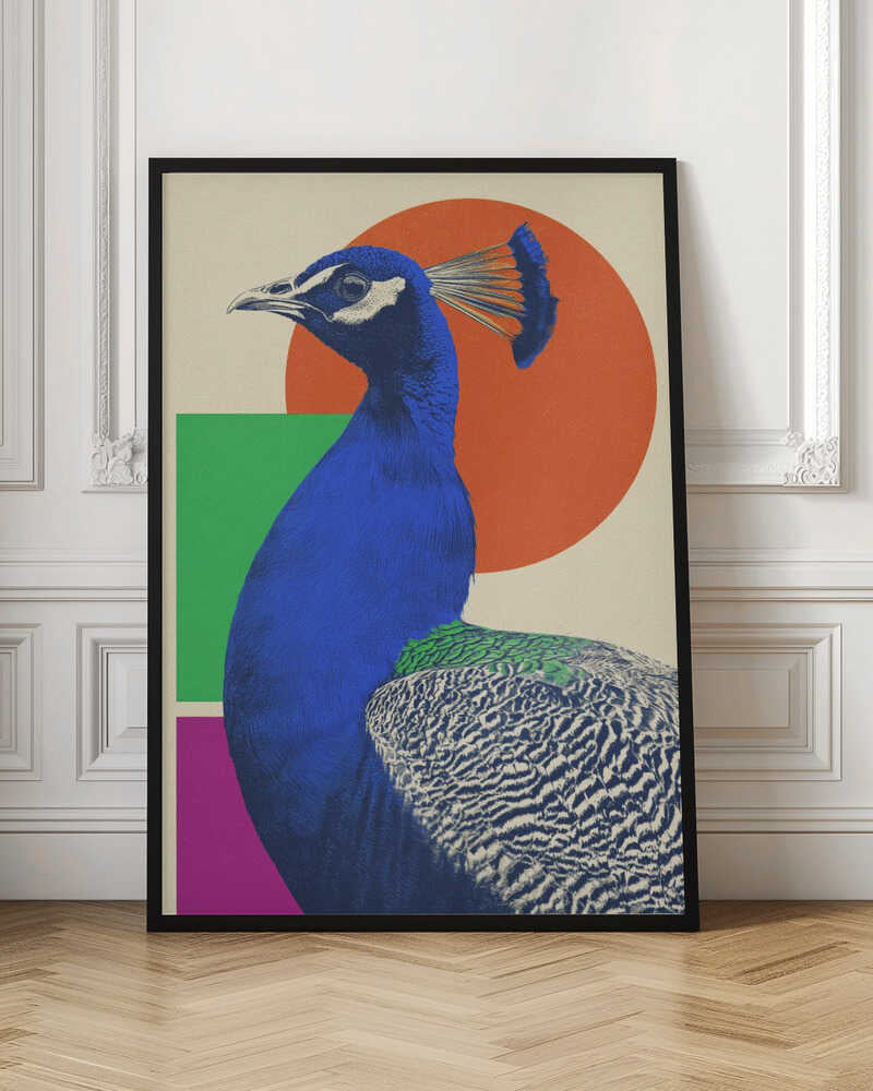 A modern graphic art poster featuring a profile view of a royal blue peacock against a cream-colored background with large geometric shapes, including an orange circle, a green rectangle, and a magenta rectangle. Wall Art
