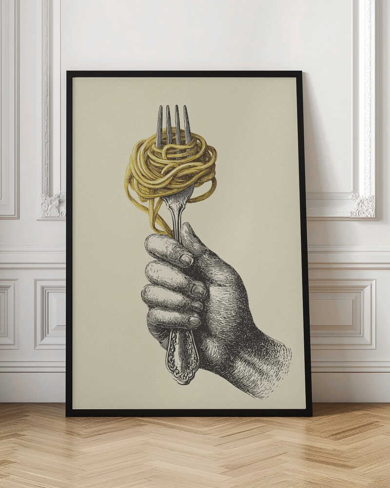 A vintage-style illustration of a hand rendered in black ink holding an ornate fork. A large portion of golden-yellow spaghetti is twirled around the tines of the fork. The image is on a cream-colored background and is displayed in a simple black frame. Poster
