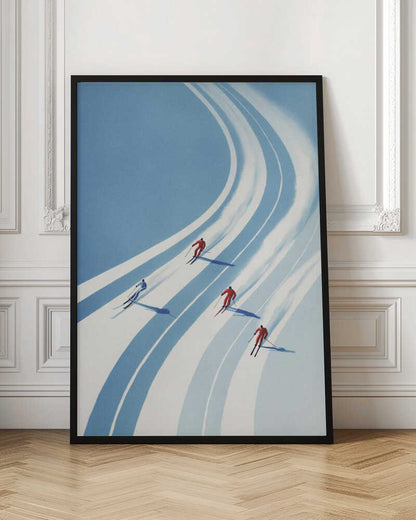 Vintage style poster of four skiers racing down a curving snowy mountain slope.