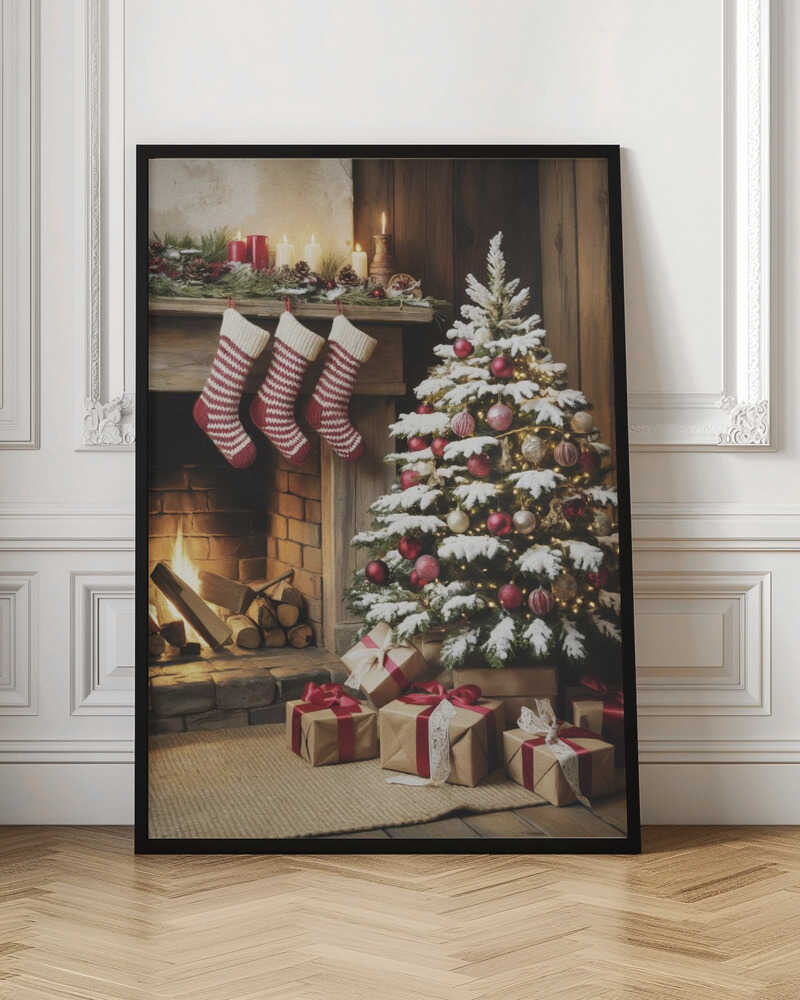 A cozy holiday scene depicting a decorated Christmas tree with red and gold ornaments next to a warm, lit fireplace. Three red and white striped stockings hang from the wooden mantel, and wrapped presents sit on the floor. Artwork