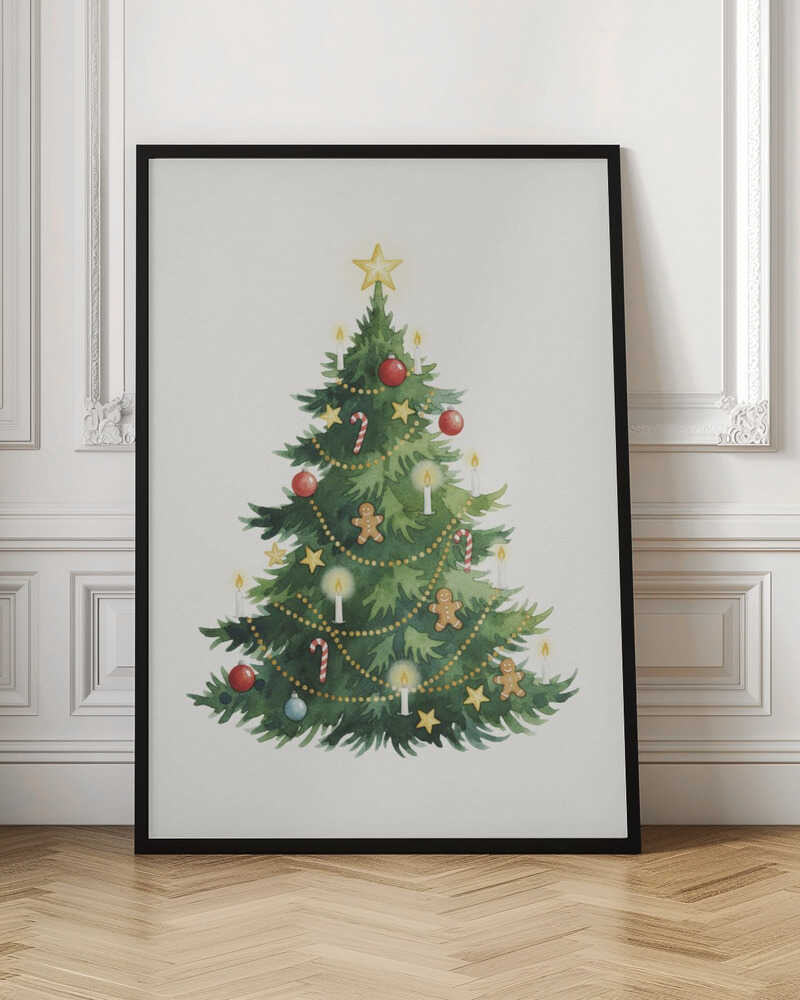 A watercolor illustration of a decorated Christmas tree against a white background, framed in black. The tree is adorned with a yellow star on top, red and blue baubles, candy canes, gingerbread men, small stars, and lit white candles. Wall Art