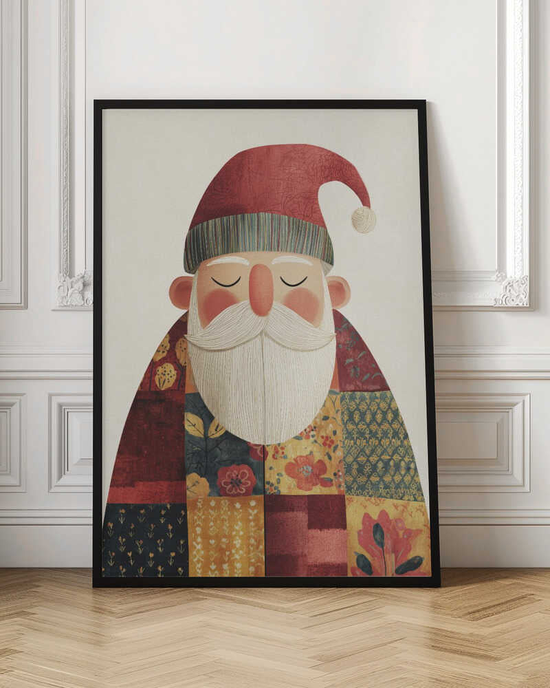 A stylized illustration of a serene Santa Claus with his eyes closed. He wears a textured red hat with a pom-pom and a colorful patchwork coat made of different floral and geometric patterns, all set against a light cream background. Print