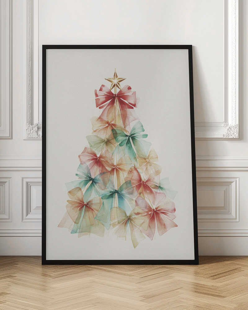 A watercolor illustration of a Christmas tree made entirely of colorful, translucent bows. The bows are in soft shades of red, green, and yellow, and are layered to create the tree's conical shape. A gold star sits on top. The background is a solid off-white, and the artwork is presented in a simple black frame. Print
