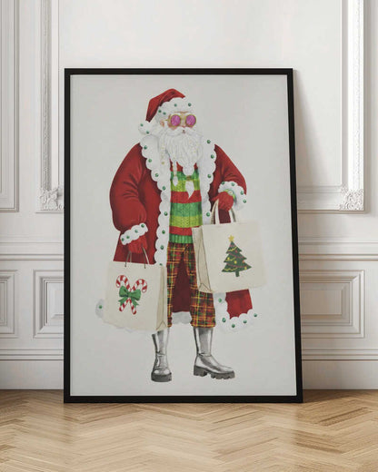 A whimsical illustration of a stylish Santa Claus wearing a red coat, pink sunglasses, a striped sweater, and plaid pants. He is holding two shopping bags decorated with a Christmas tree and candy canes, against a plain off-white background. Decor
