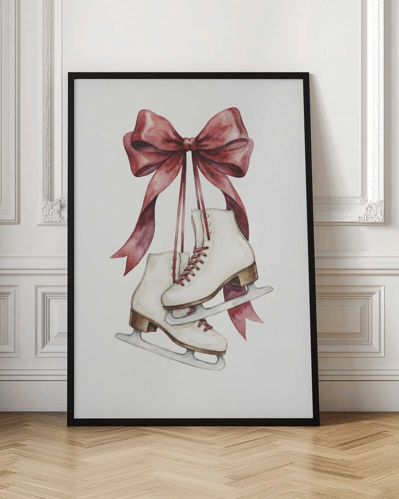 A watercolor painting of a pair of white figure skates with red laces, hanging from a large, elegant red ribbon tied in a bow against a plain white background. Print
