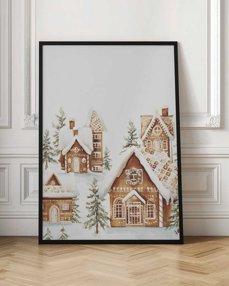 A watercolor painting of a whimsical gingerbread village covered in snow. The detailed houses are decorated with white icing and are surrounded by small pine trees, all set against a clean white background and framed in black. Poster