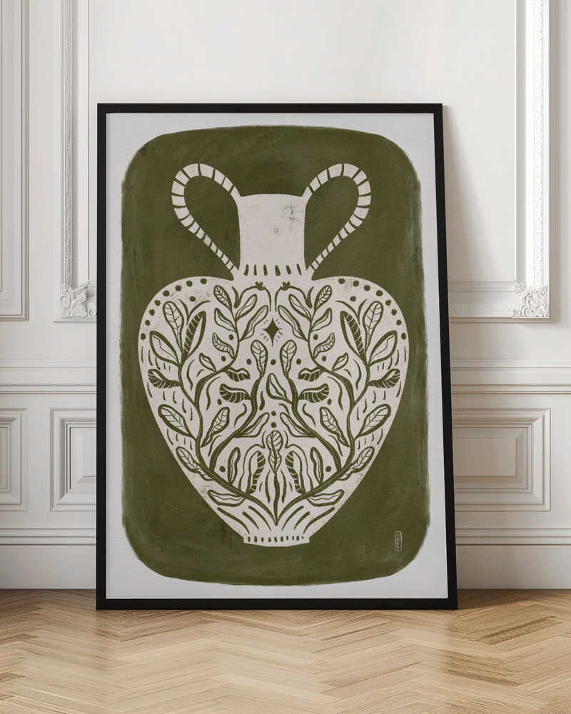 Olive green illustration of a Greek vase, perfect as an art print or poster.