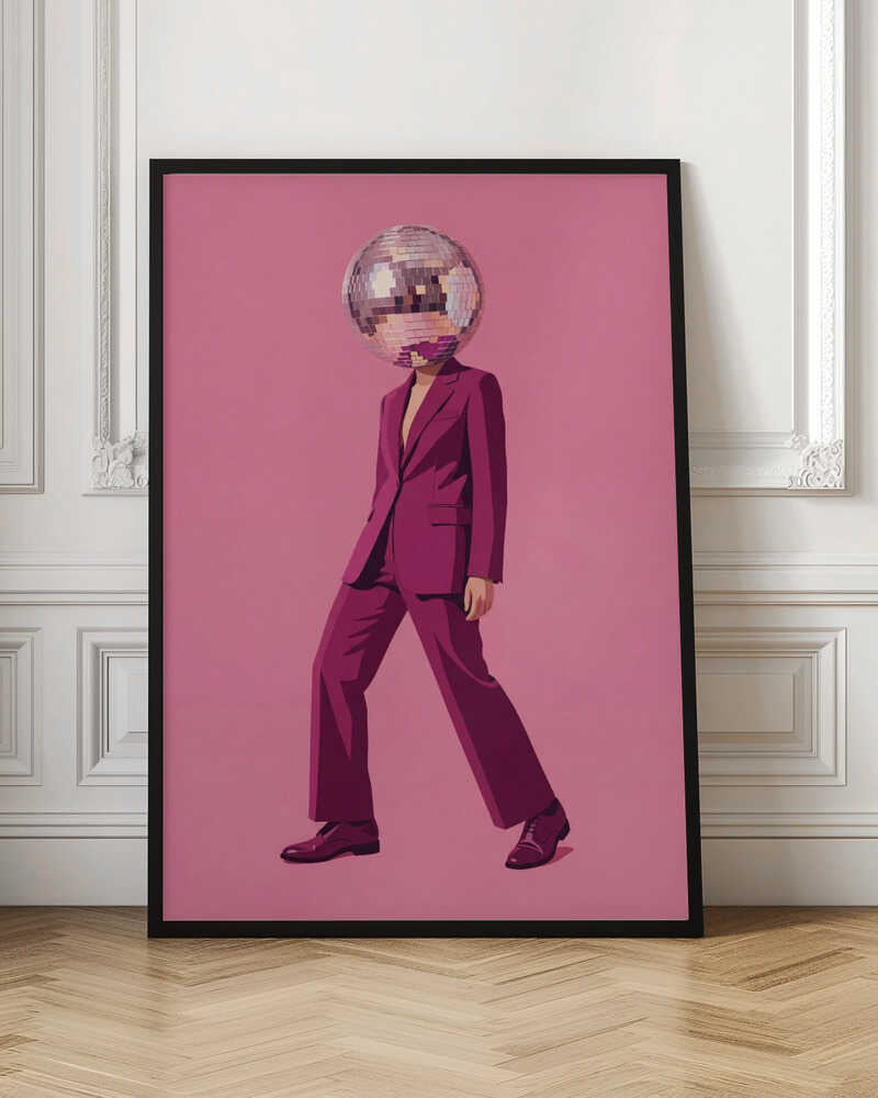 A person with a disco ball for a head wearing a magenta suit against a pink background, surreal wall art.