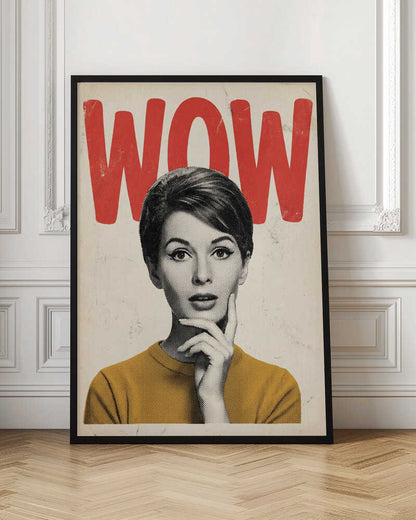 Pop art poster of a surprised woman in a yellow sweater with the word 'WOW' in red text.