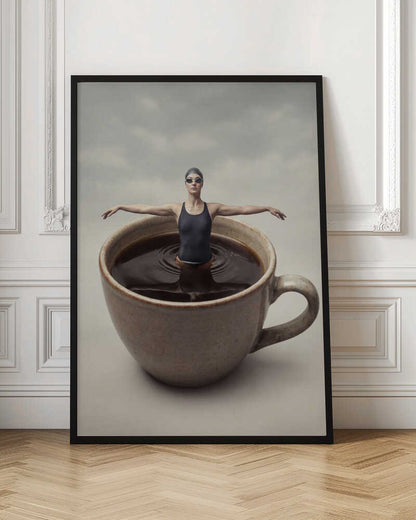 Surreal art print of a woman in a swimsuit swimming in a giant cup of coffee.