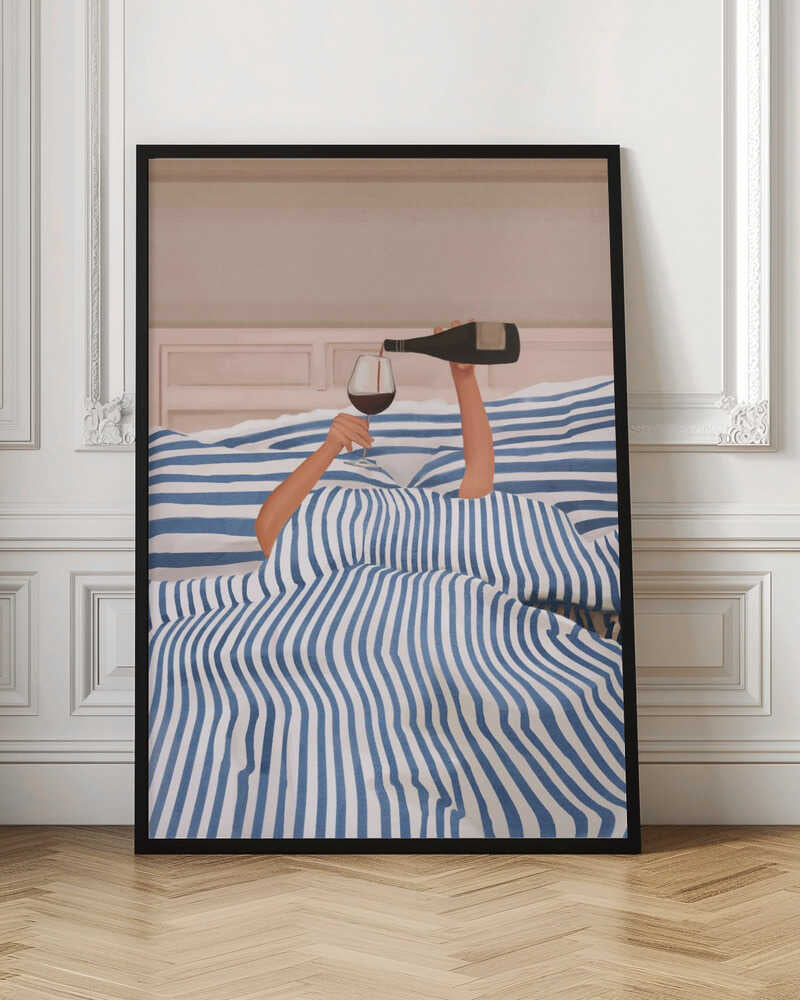Arms emerging from a blue and white striped duvet to pour a glass of red wine in bed, an illustration.