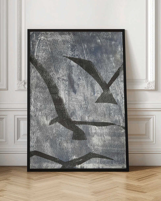 Abstract painting of black bird silhouettes flying against a textured silver background, framed wall art.