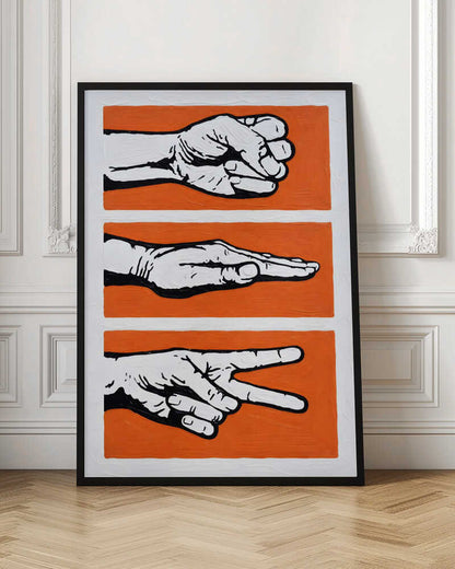 Stylized Rock Paper Scissors game art print, perfect for a game room or office wall.