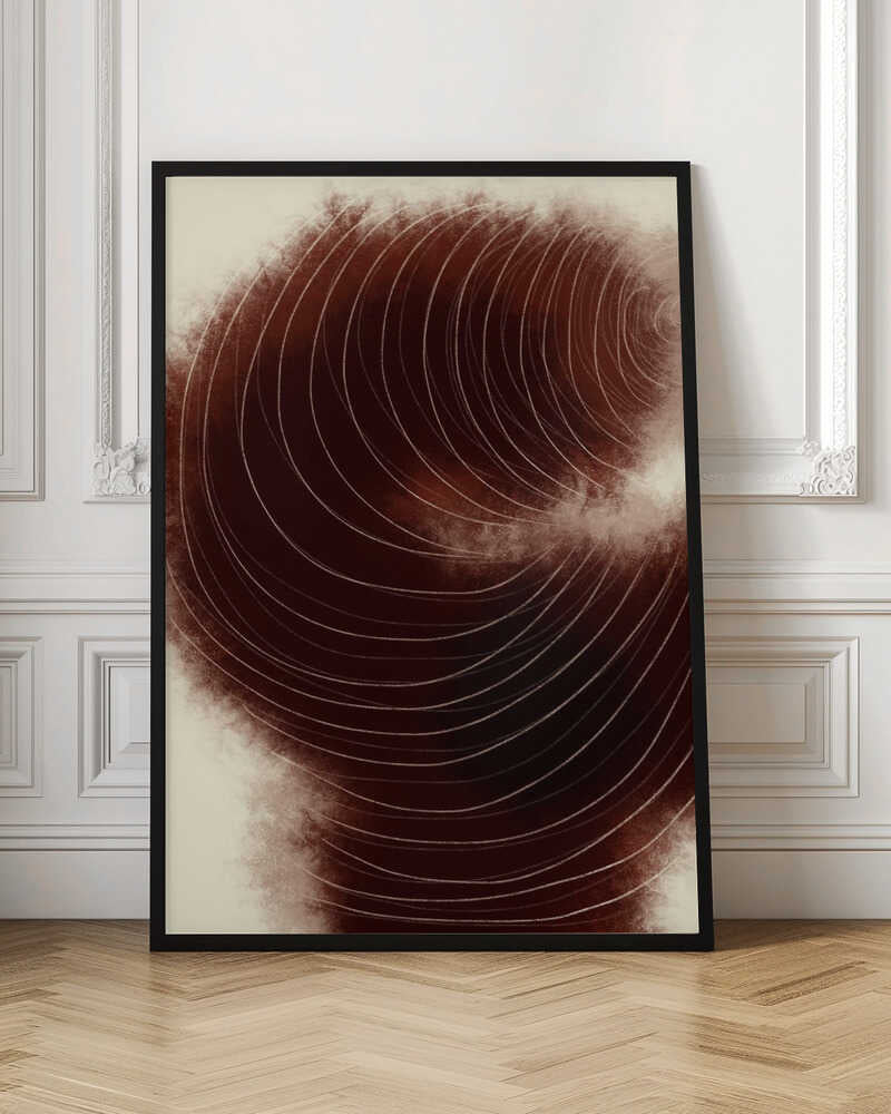 Abstract vortex of fine white lines swirling on a deep, textured brown background.