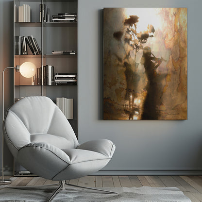 An abstract, dreamlike artwork featuring the dark silhouettes of a person playing the violin and a vase of roses against a bright, textured, and reflective background with warm tones of brown, gold, and bronze. The piece has a weathered, vintage appearance and is set in a thin black frame. Print