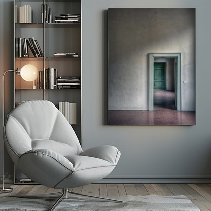 A minimalist photograph of a room with grey, textured walls and a reddish-brown floor, focusing on an open, light green doorway that reveals another room with a closed, darker green door, creating a sense of depth and perspective. Wall Art
