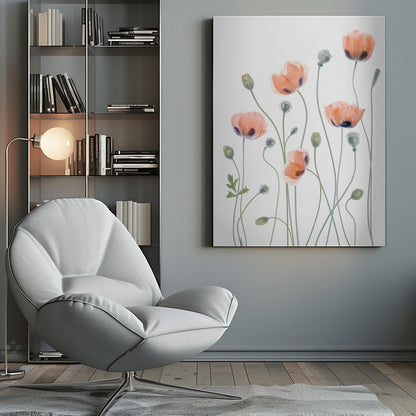 A delicate botanical artwork of several coral-colored poppies with dark centers on long, thin green stems, set against a bright white background and enclosed in a thin black frame. The composition includes blooming flowers, closed buds, and seed pods, rendered in a soft, almost translucent style. Print