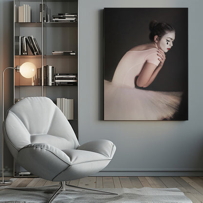 A portrait of a sad ballerina with white mime makeup and a black teardrop painted on her cheek, wearing a pink leotard and white tutu against a dark gray background. Artwork