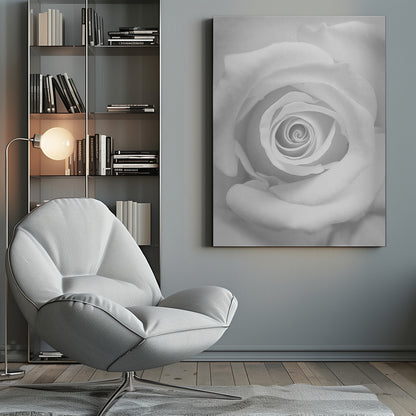 A stunning black and white close-up photograph of a rose, capturing the intricate spiral of its petals at the center, presented in a simple black frame. Artwork