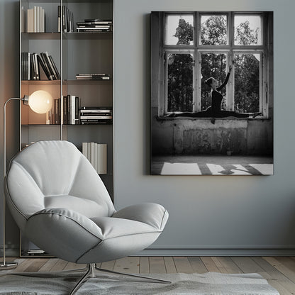 A black and white photograph of a graceful female dancer holding a perfect split on a large, dilapidated windowsill. She is silhouetted against the bright light from the broken window panes, with her arm elegantly raised. The setting is an abandoned room with peeling paint, creating a stark contrast between the dancer's elegance and the decaying environment. Wall Art