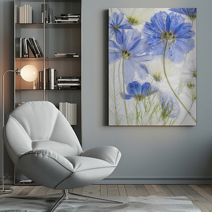 A close-up artistic photograph of blue and white cosmos flowers frozen within a block of clear ice. The flowers are viewed from multiple angles, with delicate petals and thin green stems suspended in the ice, surrounded by tiny air bubbles. Print