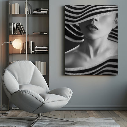 A mysterious black and white close-up portrait of a woman wearing a large, floppy hat with bold black and white stripes. The hat's brim covers her eyes, revealing only her nose, full lips, and chin, creating an elegant and enigmatic look. Decor