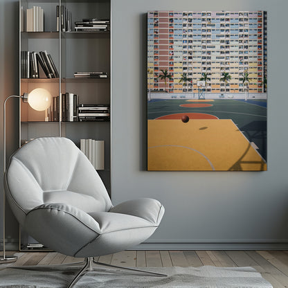 A vibrant photograph of a basketball court with a yellow and green floor, a single basketball is mid-bounce in the foreground. In the background stands the massive, symmetrical Choi Hung Estate apartment building in Hong Kong, famous for its facade of pastel rainbow colors. Palm trees line the space between the court and the building. Print