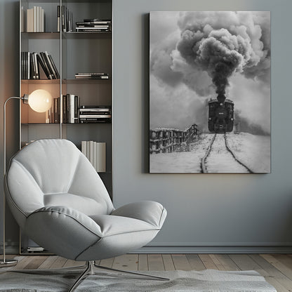 A dramatic black and white photograph of a vintage steam train on tracks in a snowy landscape, viewed from a low angle. A massive, powerful plume of dark smoke billows from the smokestack, filling the sky. Decor