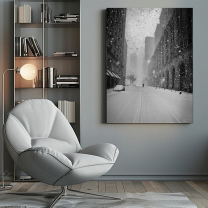 A grainy, black and white photograph captures a deserted city street during a heavy snowstorm. Tall buildings line the street, which is covered in a thick blanket of snow. A single car on the left is almost completely buried, and in the distance, a lone figure walks with an umbrella down the center of the empty road. Poster