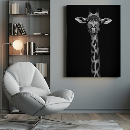 A striking black and white portrait of a giraffe against a solid black background. The giraffe is looking directly forward with a comical expression, its left cheek puffed out as if chewing. Decor