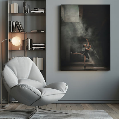 A ballerina in a black tutu gracefully performs an arabesque in a vast, dark, industrial space filled with smoke, dramatically illuminated by shafts of light from above. Poster