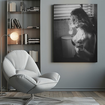 A black and white photograph of a woman in a bikini top smoking a cigarette in a bathroom. Light from a window with blinds creates dramatic shadows as a thick cloud of smoke obscures her face. Poster