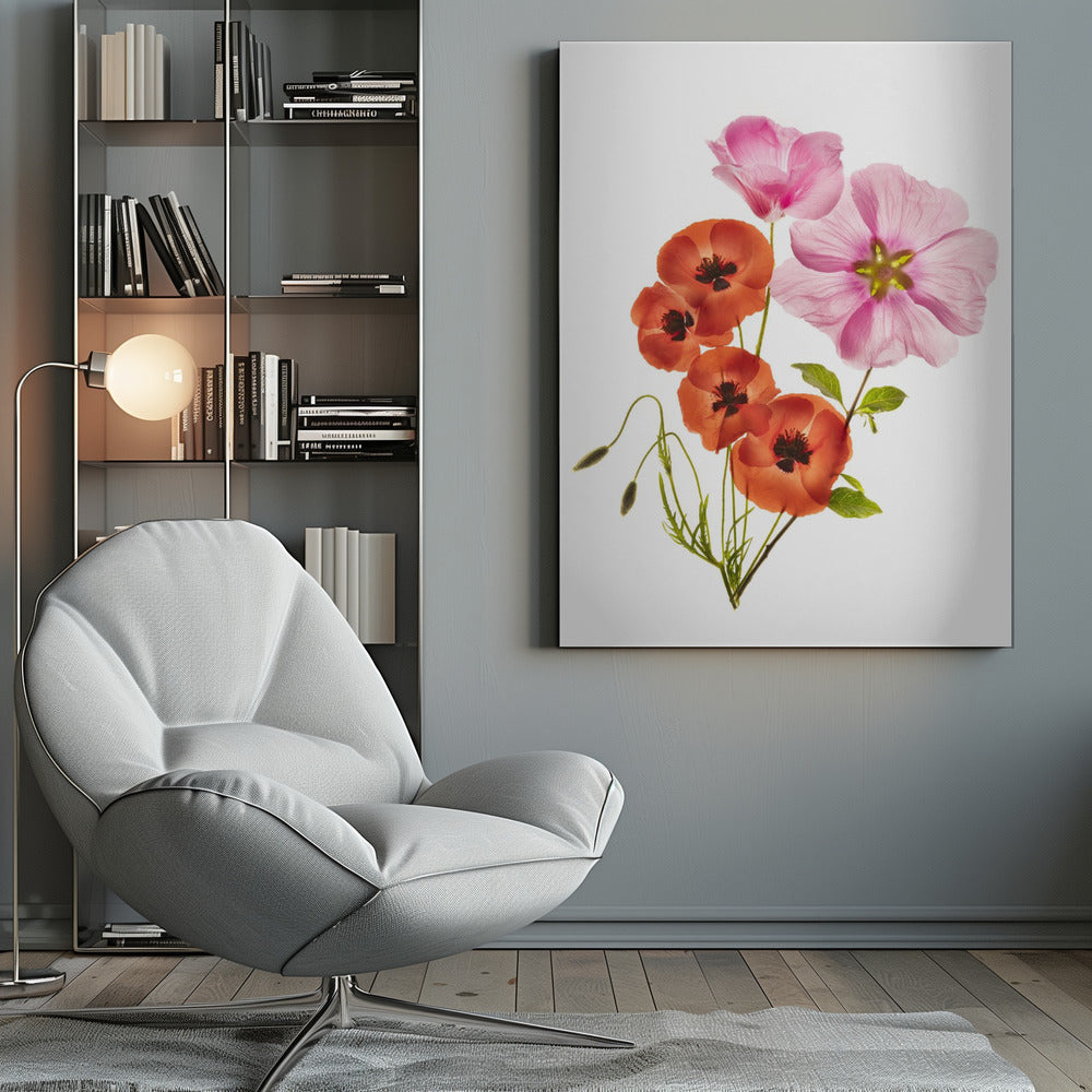 A minimalist art print of a bouquet with vibrant orange poppies and large pink flowers against a clean white background, enclosed in a thin black frame. The flower petals appear delicate and translucent, revealing their inner structures under a soft light. Decor