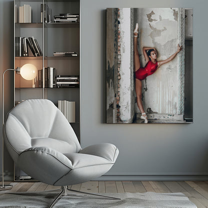 A ballerina in a shiny red leotard performs a standing split against a distressed, peeling wall. Her left leg is extended straight up, and her body leans against the wall in a display of incredible flexibility and grace amidst a rustic, derelict setting. Artwork