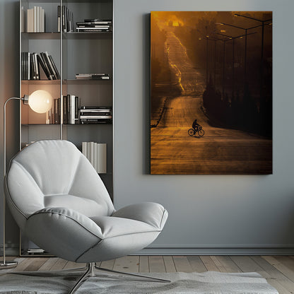 A silhouette of a person riding a bicycle across a wide, winding road illuminated by the warm, golden light of a sunrise or sunset. The road stretches uphill into the distance, and tall streetlights stand in shadow on the right. Artwork