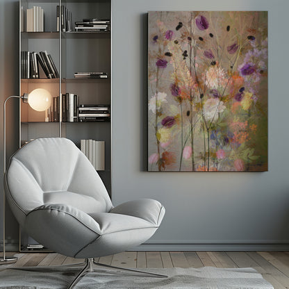 An abstract floral artwork featuring delicate, dark stems with translucent purple petals against a textured, earthy brown background. The composition is layered with soft, blended impressions of wildflowers in shades of pink, orange, yellow, and white, creating a dreamy and ethereal meadow scene. Artwork