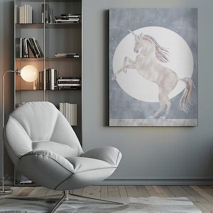 A whimsical illustration of a white unicorn rearing up on its hind legs in front of a large full moon. The unicorn's mane and tail are accented with pastel rainbow colors, set against a dusty blue, star-filled sky. Print