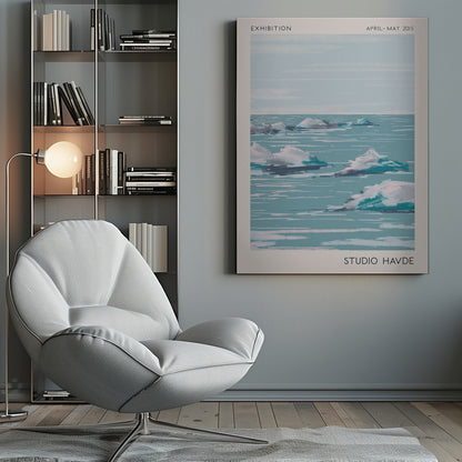 A framed exhibition poster from 'Studio Havde' dated April-May 2015. The artwork is a stylized, painterly seascape featuring white clouds or icebergs floating on a calm, teal-blue ocean under a pale sky. The piece is set within a wide, off-white border and a simple black frame. Wall Art