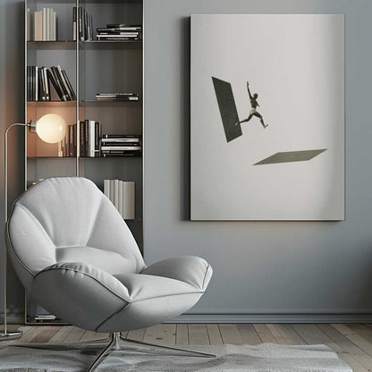 Vintage black and white collage of a person leaping between two geometric shapes.