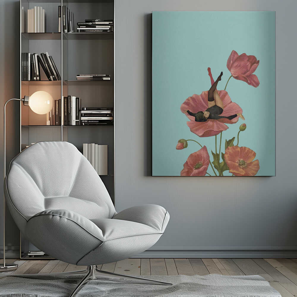Vintage collage art of a woman in a black leotard relaxing on a large pink poppy against a blue background.