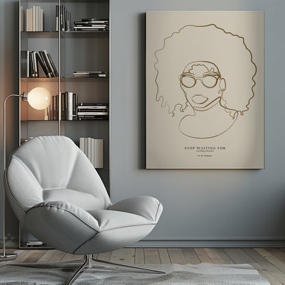 A minimalist line art poster featuring a single continuous brown line drawing of a Black woman with a large afro and glasses on a beige background. Below the portrait, an inspirational quote reads 'STOP WAITING FOR everything to be perfect to be happy.' The artwork is enclosed in a simple black frame. Print