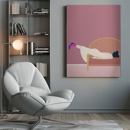 A minimalist illustration of a woman in a white polka-dot dress and a single blue high heel, lounging on a pink couch against a matching pink wall, all within a black frame. Decor