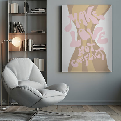 A retro-style art print in a black frame featuring the phrase 'MAKE LOVE NOT CONFLICT' in a groovy, light pink font. The text is superimposed on a wavy, striped background in shades of beige and tan against a white backdrop. Poster