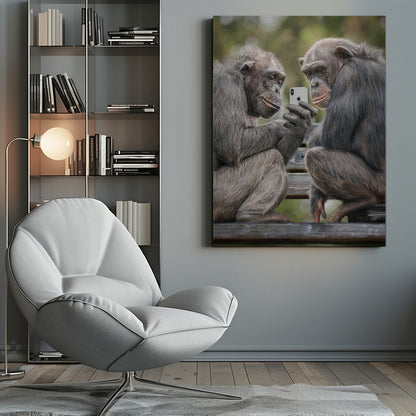 A humorous photo of two chimpanzees sitting on a wooden bench, looking intently at a silver smartphone held by one of the chimps as if they are watching a video or taking a selfie. Print