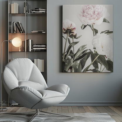 A close-up, low-angle photograph of three peonies against a light gray background. A large, pale pink peony is at the top, a white peony is on the right, and another flower is seen from behind on the left, all surrounded by dark green leaves. Print