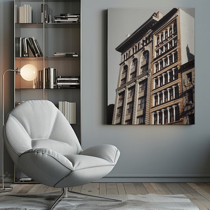 A low-angle, sunlit photograph of two ornate, multi-story historic buildings against a pale sky, framed in black. The detailed facades feature arched windows and decorative columns, with warm light creating strong shadows. Poster