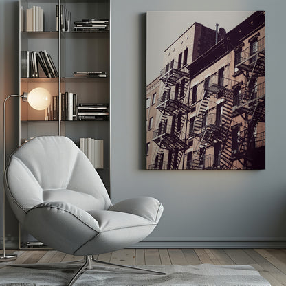 A low-angle photograph of a classic brick apartment building, with a complex pattern of black metal fire escapes casting long, dramatic shadows across the sunlit facade against a pale sky. Decor