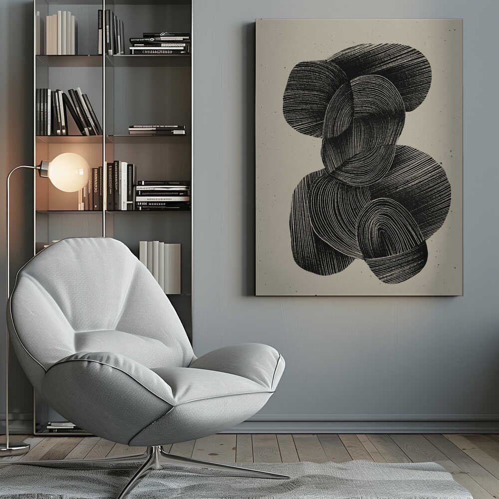 A framed abstract art print featuring a composition of interlocking, rounded organic shapes in black ink against a speckled beige background. The shapes are filled with dense, hand-drawn lines that follow their contours, creating a sense of texture and depth. The artwork is presented within a simple black frame. Wall Art