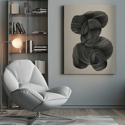 A framed abstract art print featuring a composition of interlocking, rounded organic shapes in black ink against a speckled beige background. The shapes are filled with dense, hand-drawn lines that follow their contours, creating a sense of texture and depth. The artwork is presented within a simple black frame. Wall Art