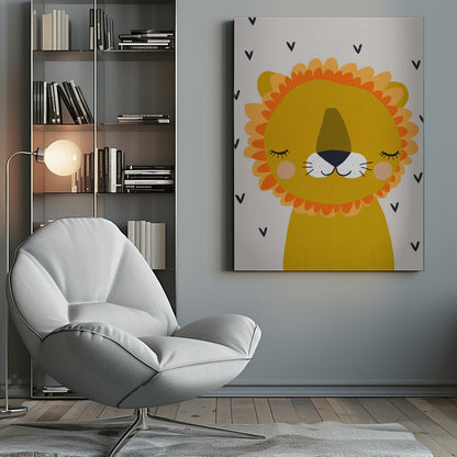 A cute, cartoon illustration of a sleeping lion's head and shoulders. The lion is golden yellow with a fluffy orange and light yellow mane, closed eyes with long lashes, a white muzzle, and pink cheeks. The background is light gray with a pattern of small, dark blue V-shapes. Wall Art
